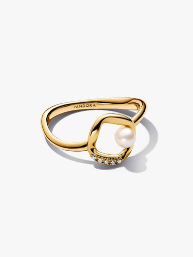 Anillo Círculo de Pavé con forma orgánica y perla cultivada de agua dulce tratada