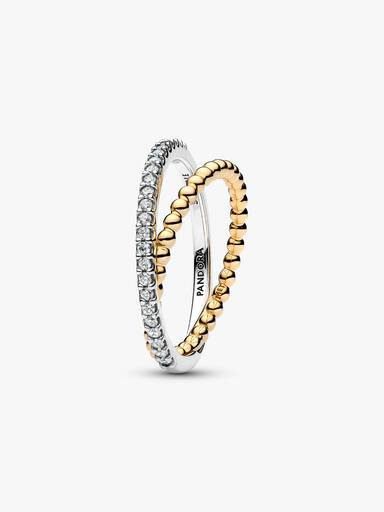 Anillo Banda Doble Cruzada en Pavé y Cuentas