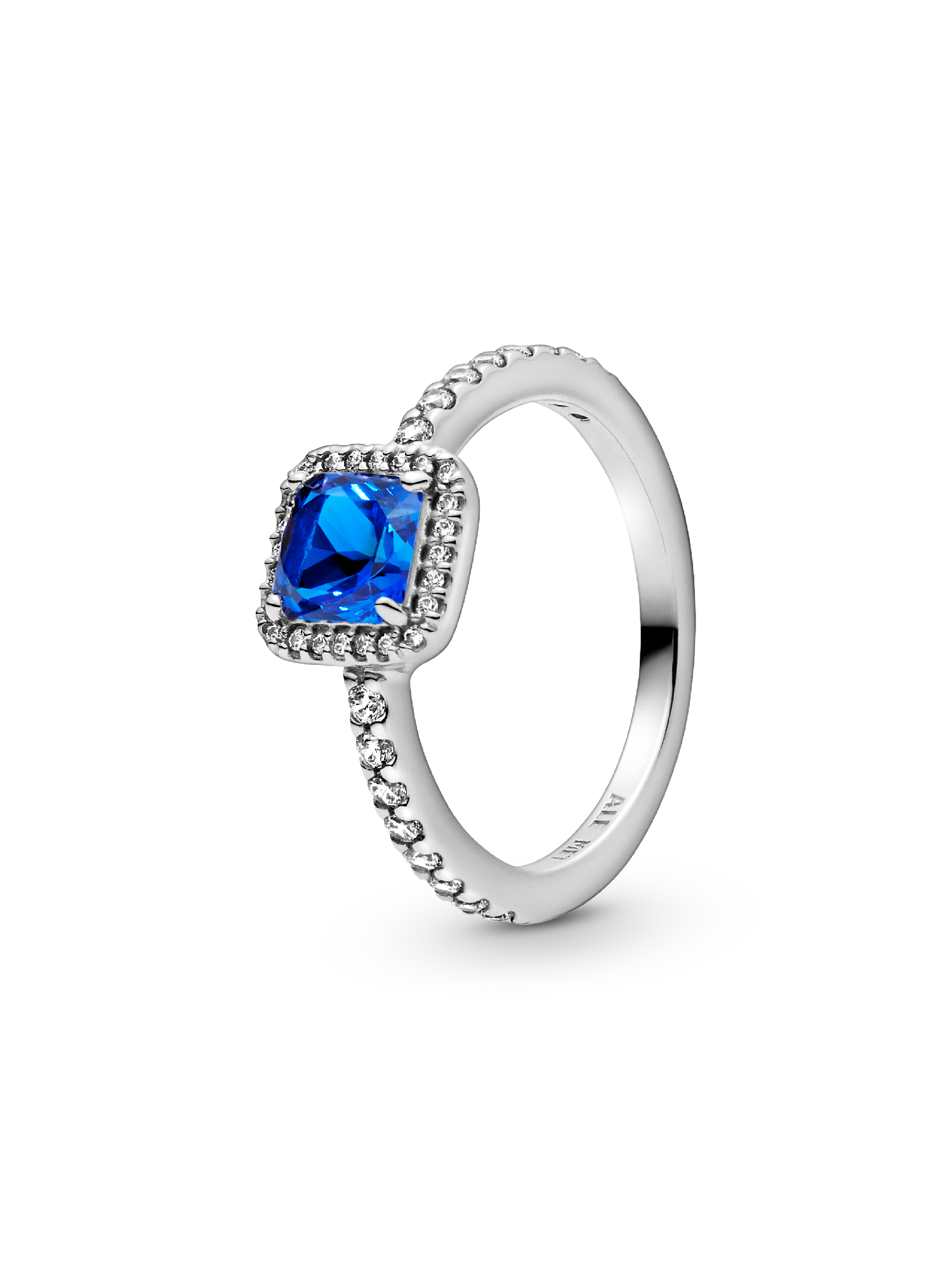 Anillo cuadrado azul con halo brillante