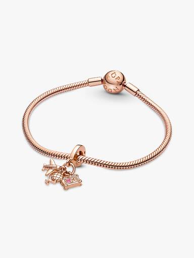 Airplane, globe and suitcase 14k rose gold-plated dangle with pink enamel