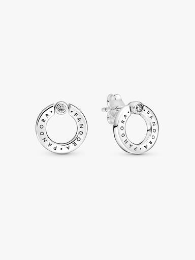 Aretes de botón reversibles Círculo de pavé y logotipo.