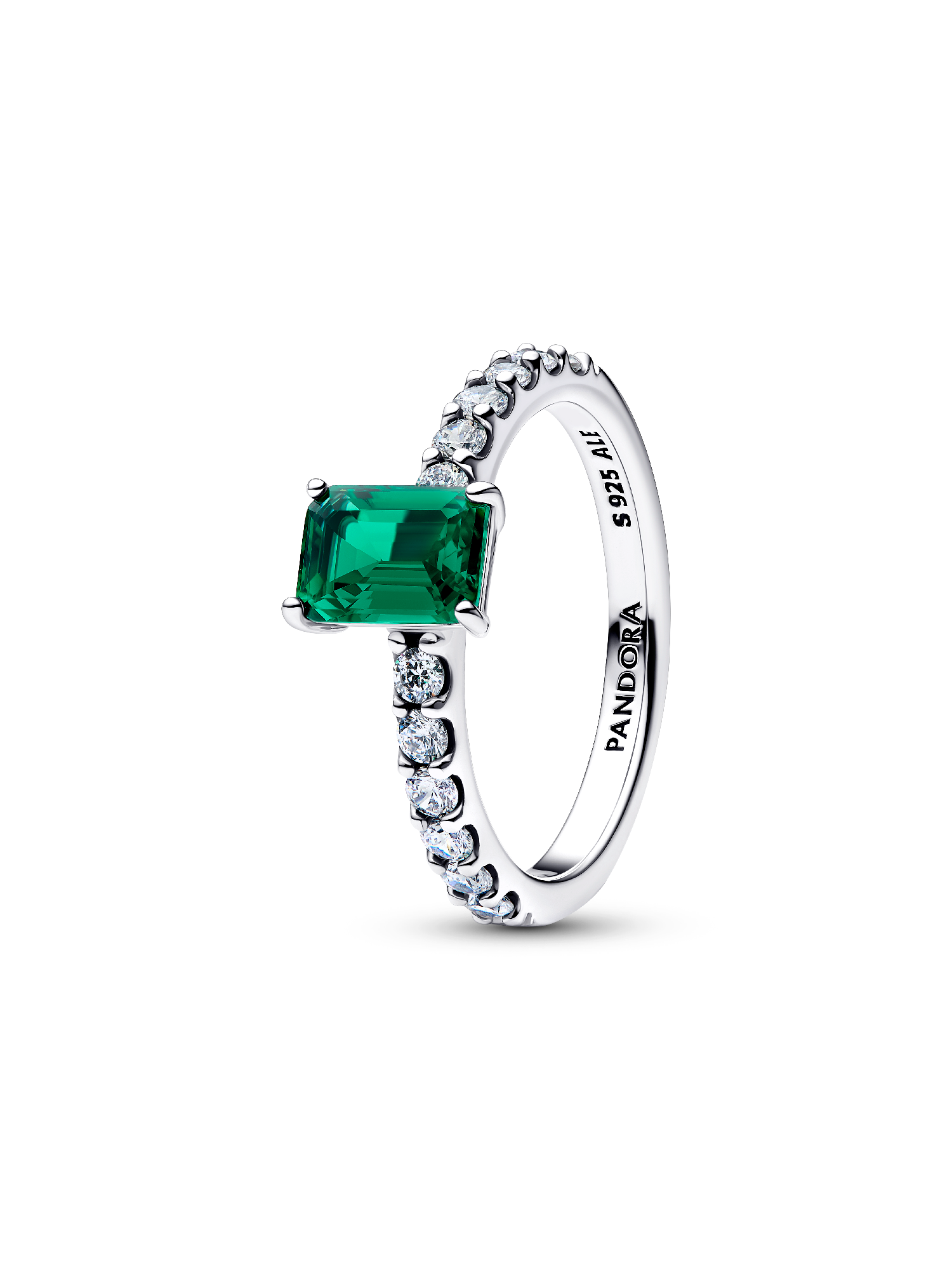 Anillo rectangular verde reluciente con halo