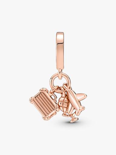 Airplane, globe and suitcase 14k rose gold-plated dangle with pink enamel