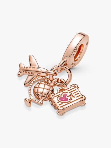 Airplane, globe and suitcase 14k rose gold-plated dangle with pink enamel