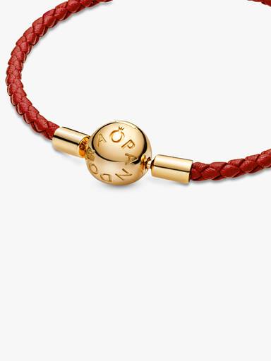 Brazalete De Piel Trenzada Roja Moments De Pandora Recubrimiento en Oro de 14k