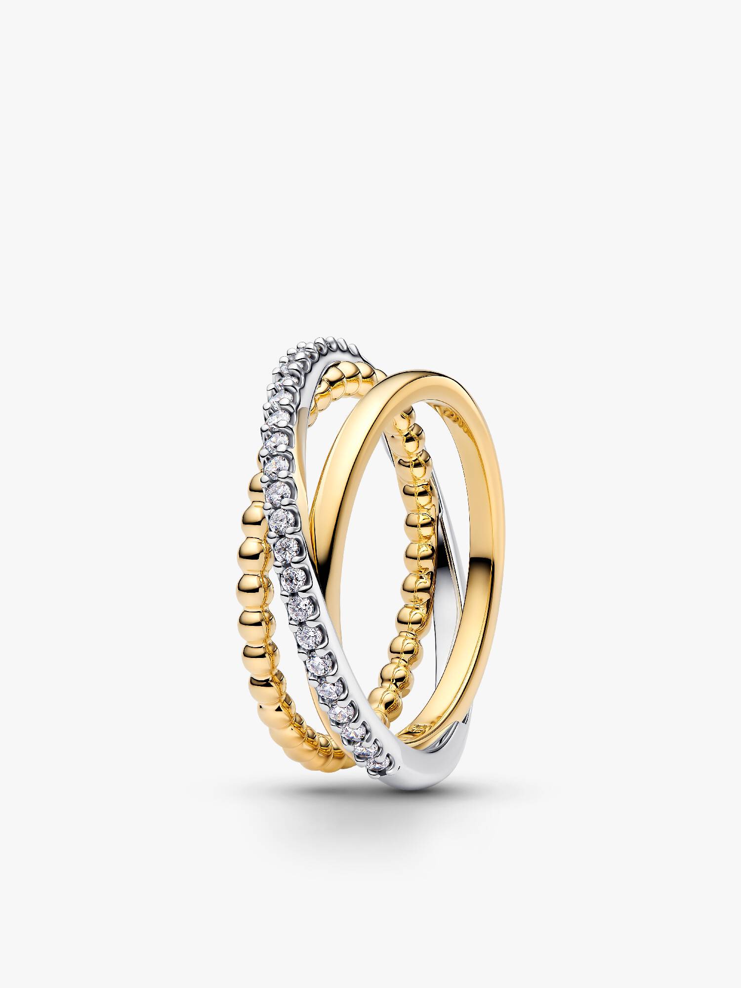 Anillo de banda triple cruzado con pavé y cuentas