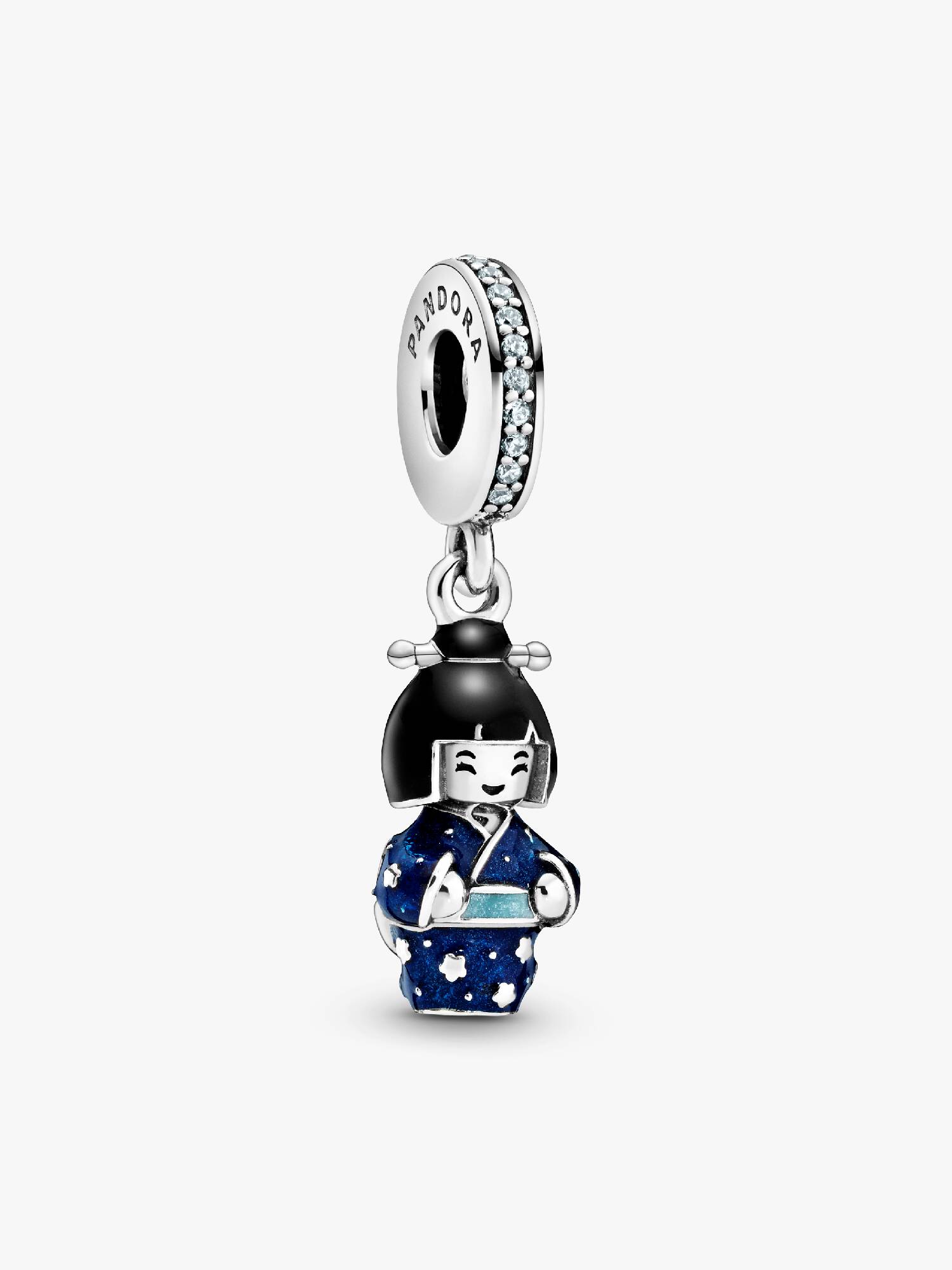 Japanese doll sterling silver dangle with forever blue crystal and black, shimmering blue and light blue enamel