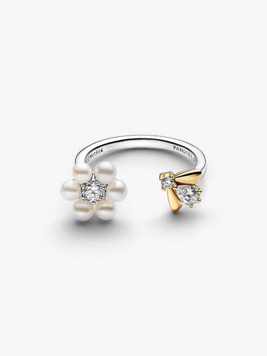 Anillo abierto Abeja Bridgerton y flor con perla culvada de agua dulce tratada