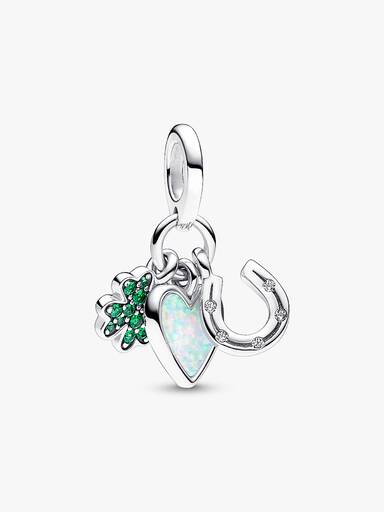 Charm Colgante Triple de Trébol de Cuatro Hojas, Corazón y Herradura