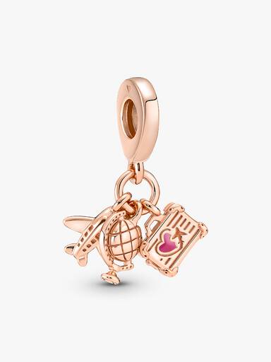 Airplane, globe and suitcase 14k rose gold-plated dangle with pink enamel
