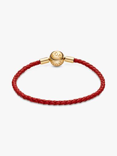 Brazalete De Piel Trenzada Roja Moments De Pandora Recubrimiento en Oro de 14k