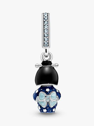 Japanese doll sterling silver dangle with forever blue crystal and black, shimmering blue and light blue enamel