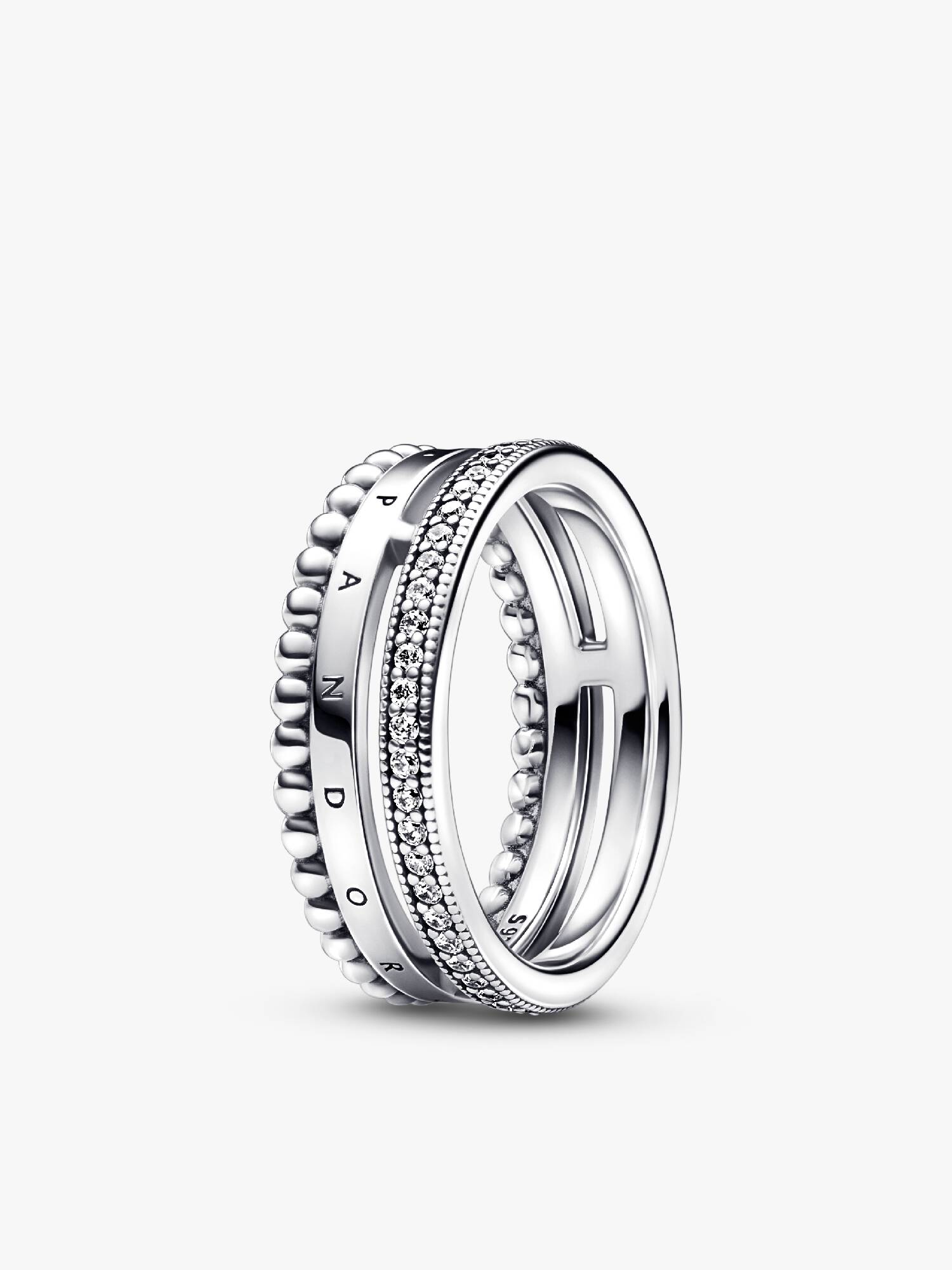 Anillo con pavé y abalorios con logotipo de Pandora Signature