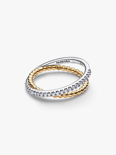Anillo Banda Doble Cruzada en Pavé y Cuentas