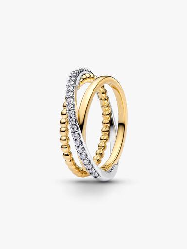 Anillo de banda triple cruzado con pavé y cuentas
