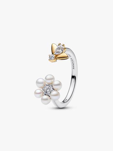 Anillo abierto Abeja Bridgerton y flor con perla culvada de agua dulce tratada