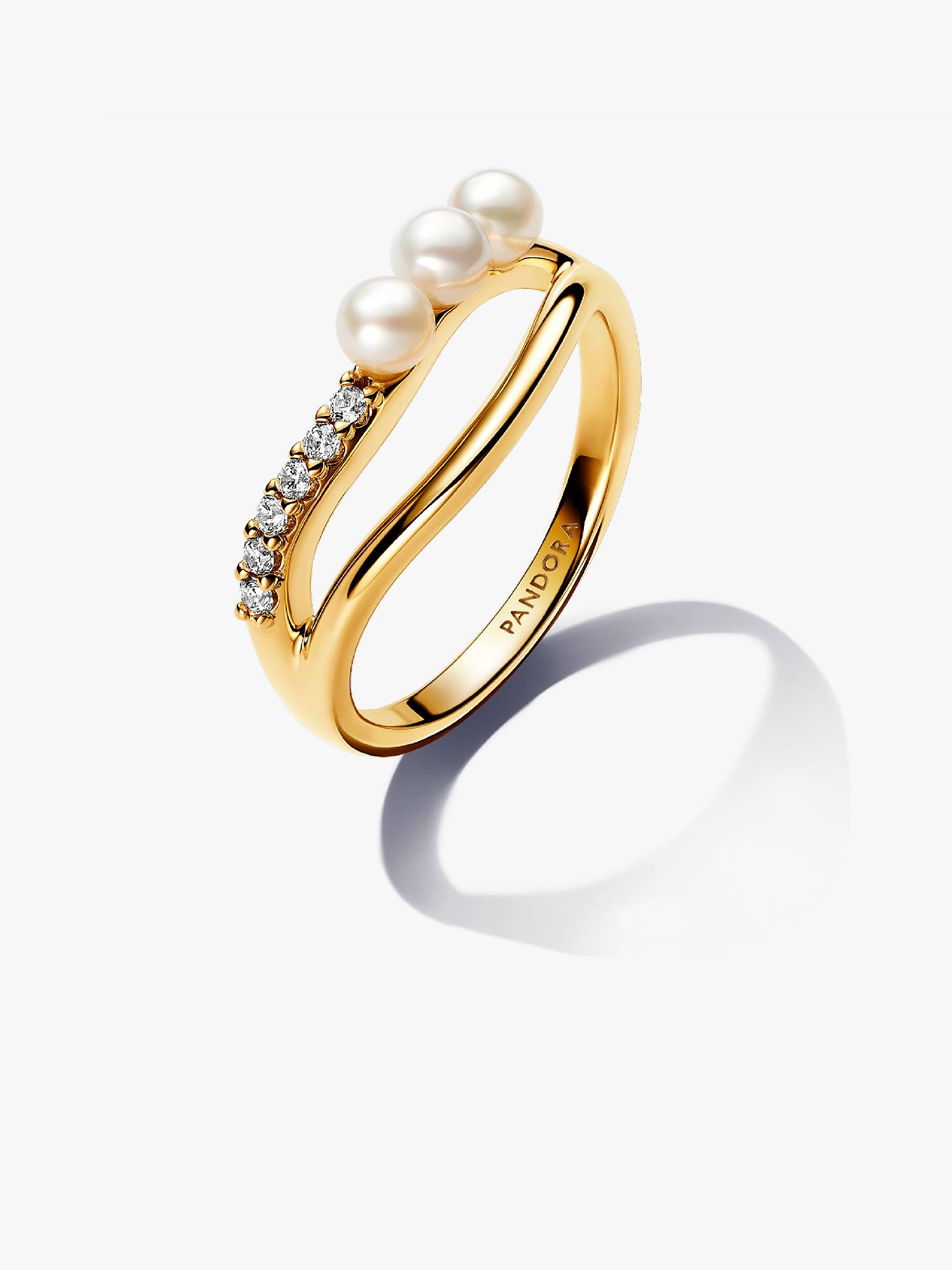Anillo Doble Banda Forma Orgánica y Perla Cultivada de Agua Dulce Tratada