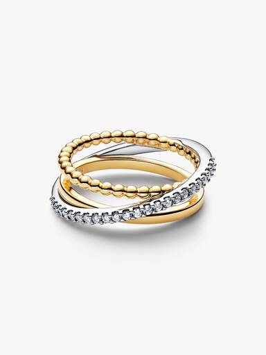 Anillo de banda triple cruzado con pavé y cuentas