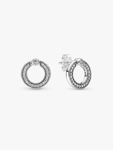 Aretes de botón reversibles Círculo de pavé y logotipo.