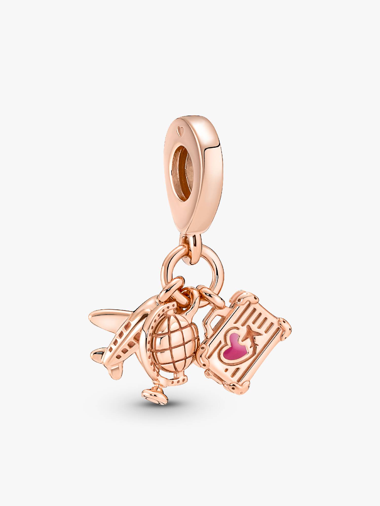 Airplane, globe and suitcase 14k rose gold-plated dangle with pink enamel