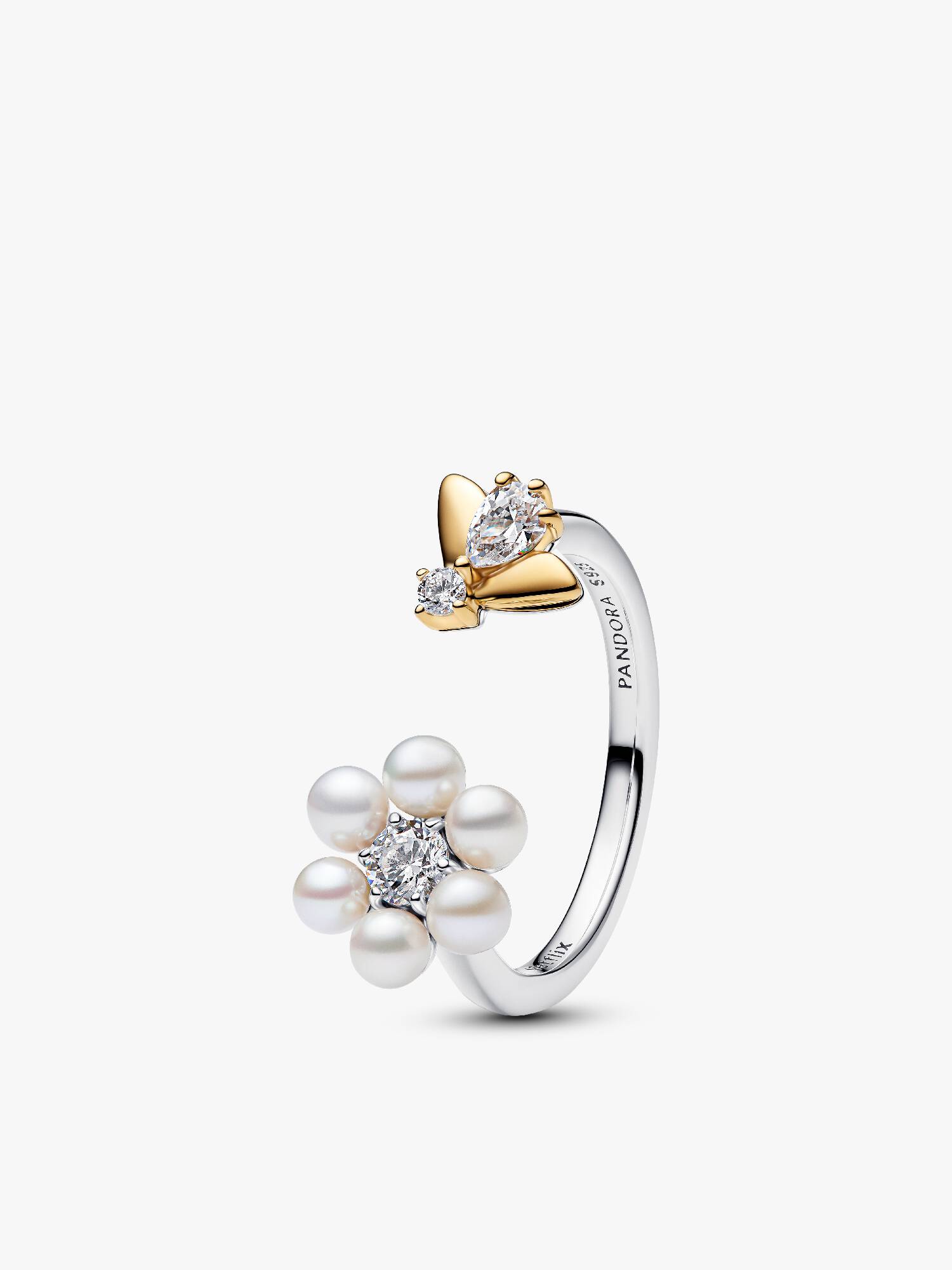 Anillo abierto Abeja Bridgerton y flor con perla culvada de agua dulce tratada